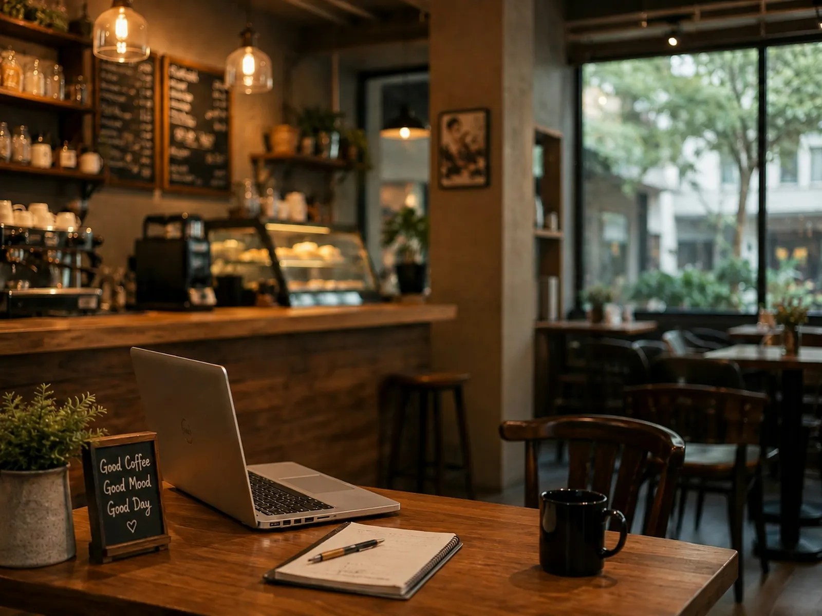 Mesa de cafetería con un portátil, una libreta y un café